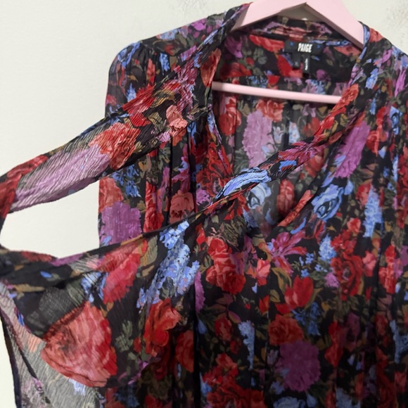 Paige Elynne Silk Floral Tie Neck Blouse Button Front Long Sleeve Size XL - Picture 10 of 12